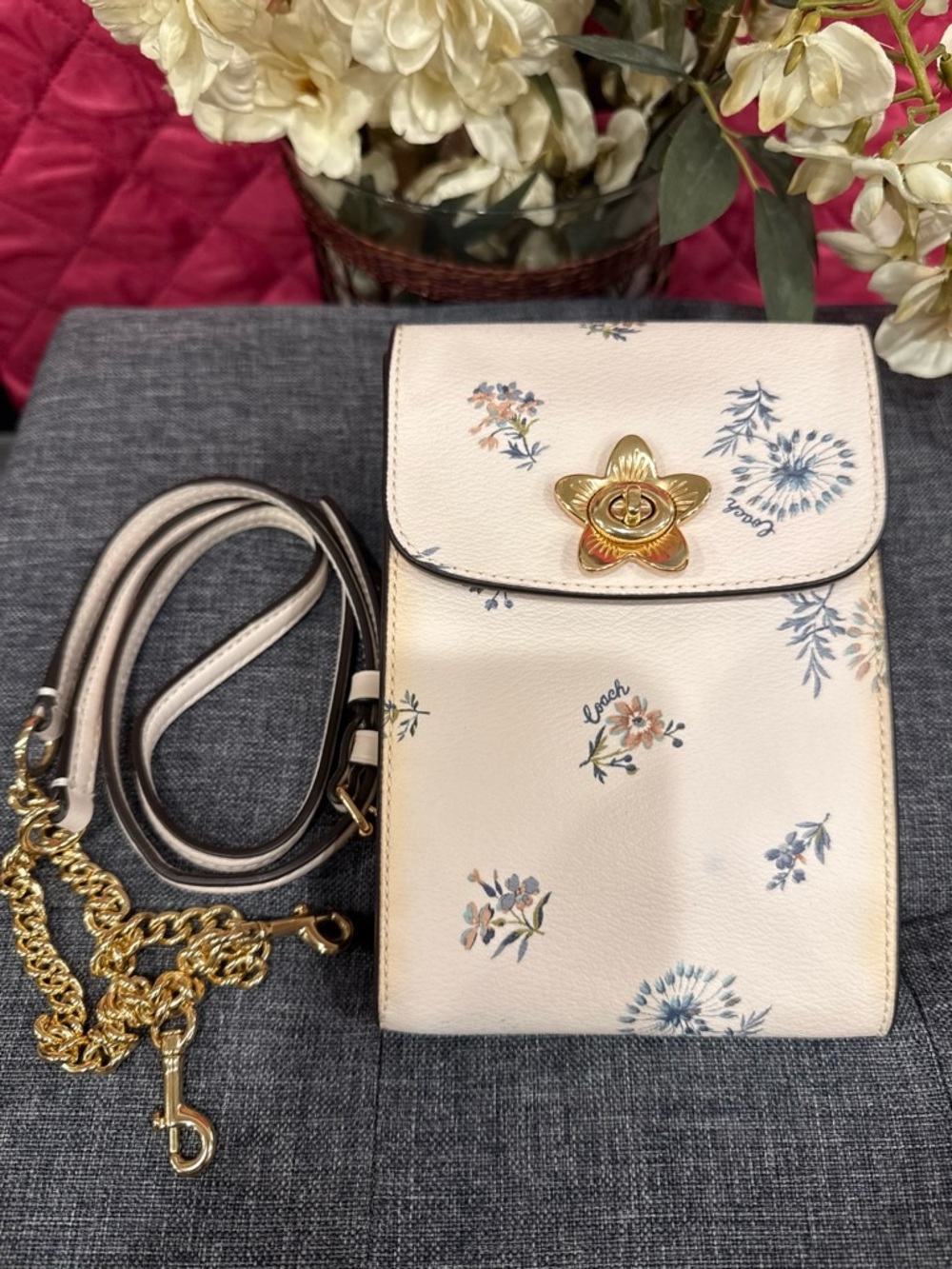 Coach Cream Floral Convertible Crossbody with Gold-Tone Hardware
